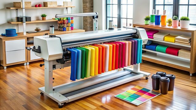 A sleek, modern cutting plotter machine precisely cuts intricate designs on vinyl material, surrounded by rolls of colorful materials and tools in a workshop setting.