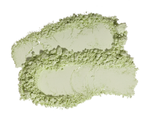 Texture round swatches of cosmetic green clay kaolin, eye shadow, corrector concealer powder on a white isolated background. Natural face mask. Dry matcha tea