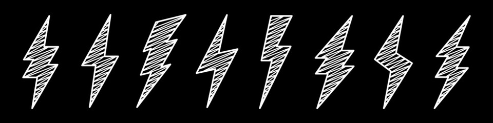 Hatched lightning bolt icons collection. Hand drawn flash symbol, thunderbolt. Simple lightning strike sign. Vector illustration