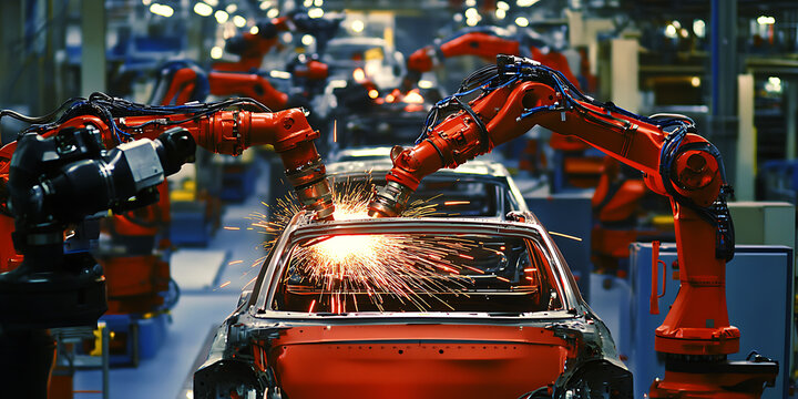 Usine de voitures : robots soudant avec pr&eacute;cision sur la cha&icirc;ne de montage