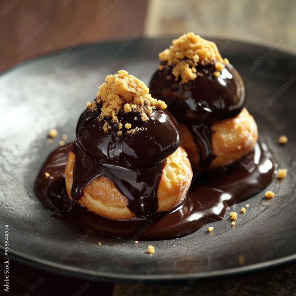 Poster Two chocolate-covered cream puffs with crumb topping on a black plate.