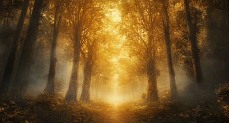 Obraz premium A mystical forest with tall trees, bathed in golden light filtering through the foggy atmosphere.