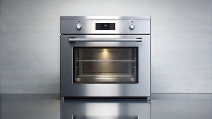 Fototapeta premium A sleek, modern oven is outlined in clean lines against a stark white background, its stainless steel surface reflecting subtle shadows and soft light.