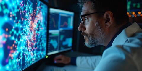 A close-up of a data scientist analyzing a complex data structure on a computer screen, exploring data patterns
