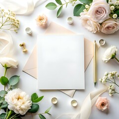 Elegant flat lay mockup with a blank card. envelope. pen. and delicate floral accents.