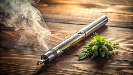A sleek, modern vaporizer pen lies on a wooden table beside a small bud of green cannabis, surrounded by subtle, hazy mist and soft, warm lighting.