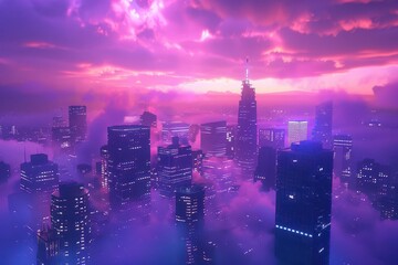 Obraz premium surreal twilight cityscape silhouette vibrant violet neon sky casting ethereal glow futuristic skyscrapers pierce luminous clouds creating dreamlike urban horizon