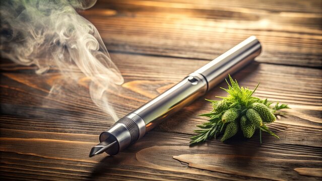 A sleek, modern vaporizer pen lies on a wooden table beside a small bud of green cannabis, surrounded by subtle, hazy mist and soft, warm lighting.