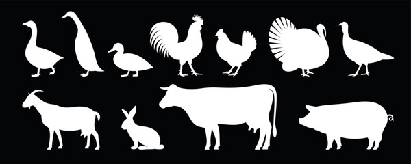Farm animals silhouette. Isolated farm animals on white background