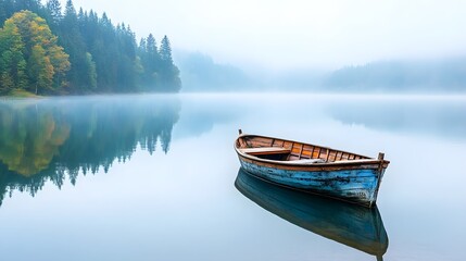 A mysterious, fog-covered lake with a decrepit old rowboat floating in the center. The water is still, and the surrounding trees are reflected in its surface