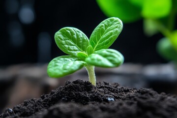 Sprout breaking, soil surface, first green leaves signify the promise of new life