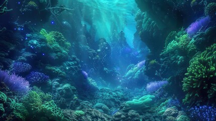 Obraz premium surreal underwater landscape bioluminescent creatures alien coral formations rich blues and greens ethereal lighting fantasy digital art style