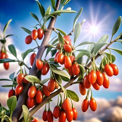 A vibrant 3D illustration of a goji berry branch laden with ripe red berries.