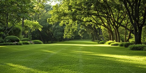 Obraz premium Tranquil green garden landscape featuring manicured lawns and shady trees