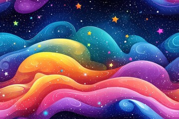 Colorful background with swirling waves and stars 