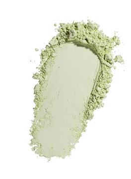Texture round swatches of cosmetic green clay kaolin, eye shadow, corrector concealer powder on a white isolated background. Natural face mask. Dry matcha tea