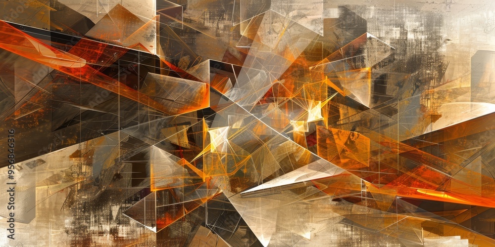 Poster abstract digital artwork of interconnected geometric shapes, illustrating the complexity of modern t
