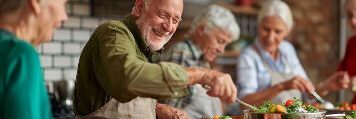 Four elderly people, smiling and cooking together in a communal kitchen, highlighting the joy and companionship found in group activities and shared meals among seniors.