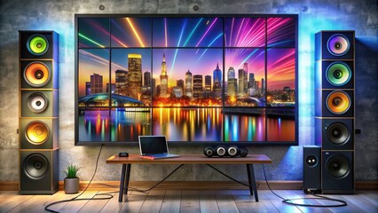 A sleek black TV screen displays a paused video montage of vibrant colors, abstract shapes, and urban landscapes, surrounded by audio equipment and cables.
