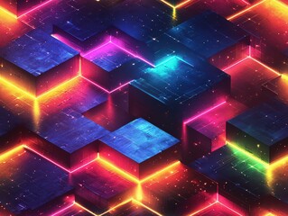 Colorful neon lines in an isometric pattern on a dark background. 