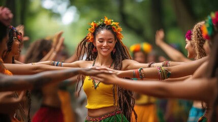 A multicultural group of dancers holding hands in a circle, dancing at a festival, their diverse expressions of joy bringing unity and harmony.