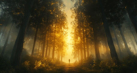 A mystical forest with tall trees, bathed in golden light filtering through the foggy atmosphere.