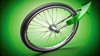 Fototapeta premium A sleek modern bicycle wheel with silver spokes and black tire rotates dynamically, surrounded by a vibrant green arrow curving upwards, symbolizing progress and movement.