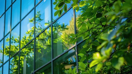 sustainable corporate vision modern glass building reflecting lush green foliage conceptual architecture photography