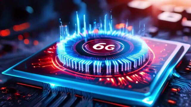 A 6G logo in a blue and red glowing circle on a microchip.