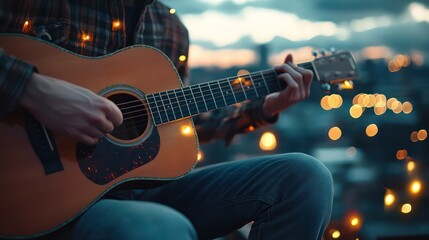 Obraz premium A musician strums an acoustic guitar on a rooftop at dusk, their eyes closed as they get lost in the music, city lights twinkling below