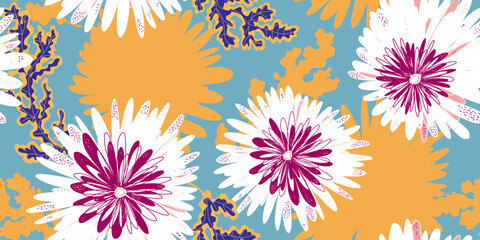 Chrysanthemums Asters Abstract fantasy flowers variegated ornament Asian motifs vector seamless overlapping pattern rapport © Naya Chu