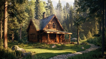 Cozy log chalet nestled among forest trees, ideal for a peaceful and rustic retreat.