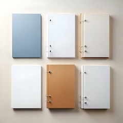 Six blank notebooks with different colored covers lie flat on a beige surface.