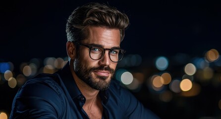 Fototapeta premium A stylish man in glasses poses at night with a city skyline glowing in the background, showcasing confidence and sophistication.
