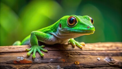 Fototapeta premium A small, vibrant green gecko perches on a weathered wooden beam, its large, round eyes and tiny toes gripping the surface with precision and curiosity.