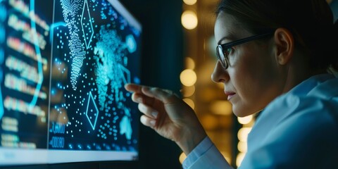 A close-up of a data scientist analyzing a complex data structure on a computer screen, exploring data patterns