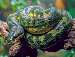 Obraz premium Green anaconda on tree branch