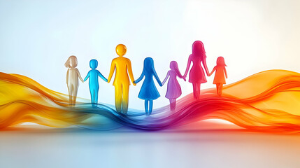 Glossy Family Diversity in Abstract Shapes concept as A vibrant glossy abstract digital art showcasing diverse family shapes symbolizing the variety and unity within a family. The flowing colorful des