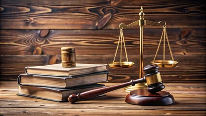 A solemn judge's gavel lies next to a stack of law books, with a scale of justice and legal documents spread out on a wooden desk.