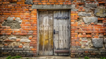 A solid, rough-hewn wooden door blocked by a large, grey concrete barrier, surrounded by old, worn brick walls, conveying a sense of restriction.