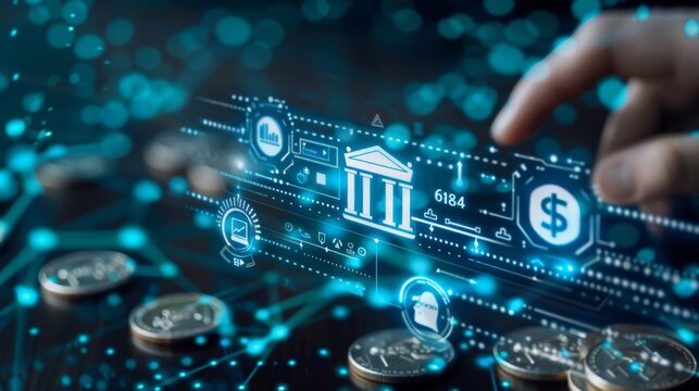 Digital Banking and Financial Technology Concept. A person presents digital banking and financial technology icons, and currency symbols, emphasizing modern online payment systems and e-commerce.