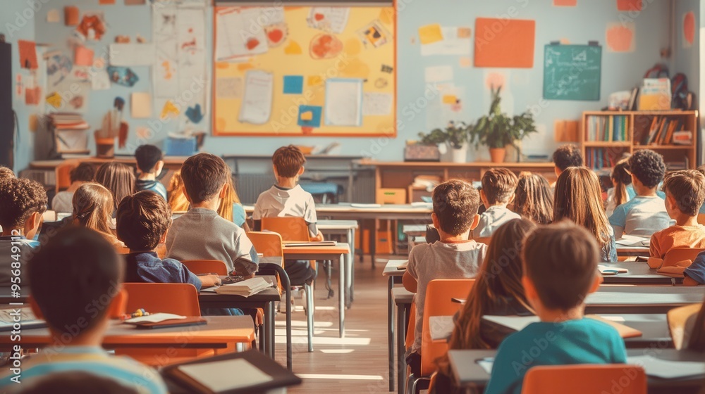 Aufkleber students attentively face the front in a crowded classroom with outdated educational materials and f