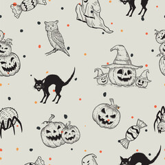 Halloween Seamless Pattern, Vector illustration of Halloween party. pumpkin, black cat, owl, candy, spider, ghost.