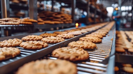 sweet production artisanal cookie factory with conveyor belt carrying freshly baked treats industrial bakery scene food industry photography