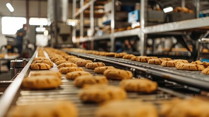 sweet production artisanal cookie factory with conveyor belt carrying freshly baked treats industrial bakery scene food industry photography