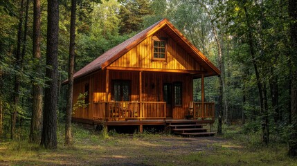 Fototapeta premium Cozy wooden cottage hidden among the trees in a quiet forest, providing a peaceful and scenic escape into nature. e