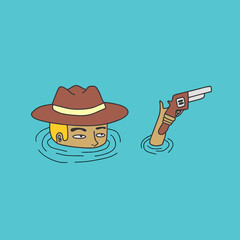 a cowboy prepares to shoot from the water, vector art illustration 