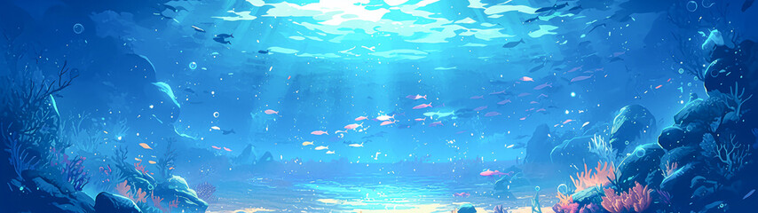 Naklejka premium A serene underwater scene with various types of colorful fish swimming amongst coral reefs illuminated by sunlight filtering through the water, Ideal for marine-themed projects, backgrounds
