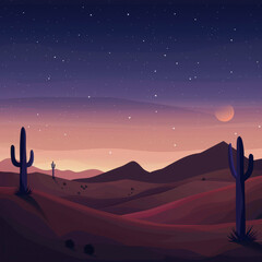 Fototapeta premium A serene desert landscape at twilight with cacti silhouettes, star-filled sky, and rolling hills, suitable for nature-themed projects, backgrounds, or travel content,