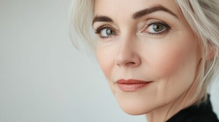 Obraz premium Elegant woman with captivating eyes and silver hair poses gracefully in a minimalist indoor setting during daylight